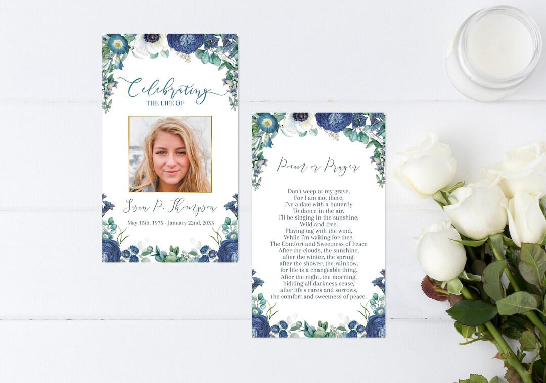 Blue Roses Funeral Prayer Cards | Funeral Keepsake | Blue Floral ...