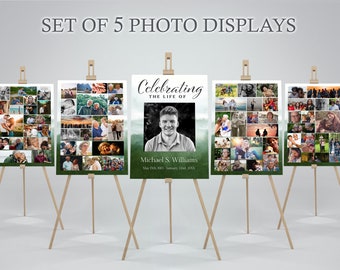Funeral Collage Green Watercolor Poster Set of 5 | Memorial Poster for Funeral | Photo Collage Template | Celebration of Life Sign E119