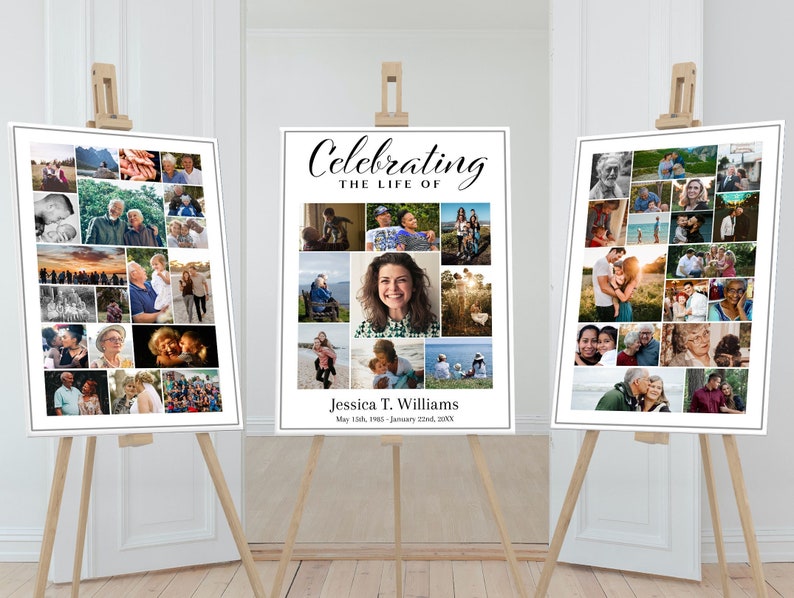 Simple funeral poster templates sit on easels for display during one's memorial services. Each side poster has a unique custom photo collage template.  The center photo has a photo collage with a larger center phot. Celebrating the life of