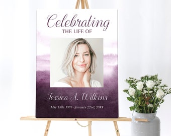 Purple Watercolor Funeral Poster for Women | Purple Memorial Poster Photo Sign |  Celebration of Life | Memorial Service Welcome Sign E118