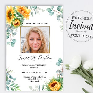 May include: A white memorial card with a photo of a woman, sunflowers, and eucalyptus leaves. The text reads "Celebrating the life of Janet A. Parker, Sunday, January 26th, 20xx, 10:00 AM, Service will be held at Church of the Holy Cross, 123 N 28th Street, New York."