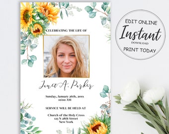 Puede incluir: Una tarjeta de memoria blanca con una foto de una mujer, girasoles y hojas de eucalipto. El texto dice "Celebrando la vida de Janet A. Parker, Domingo, 26 de enero de 20xx, 10:00 AM, El servicio se llevará a cabo en la Iglesia de la Santa Cruz, 123 N 28th Street, Nueva York."