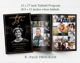 11 x 17 Inch Funeral Program Template,  Tabloid Size Black and Gold Funeral Program, Celebration of Life,  Memorial Program | - C117