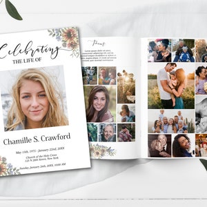 Editable Sunflower Funeral Program Template for Woman | Obituary Template to Honor Your Loved One | Floral Celebration of Life | B101