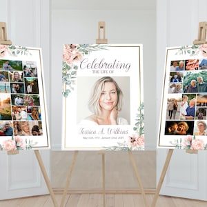 Funeral Photo Collage Sign Set Template | Pink Memorial Posterl | Funeral Welcome Sign | Celebration of Life Sign | B150