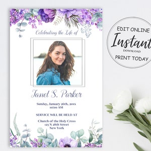 May include: A purple and green floral funeral announcement with a photo of a woman. The announcement includes the text "Celebrating the Life of Janet S. Parker" and details for the funeral service.