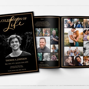 Funeral Program Template |  Editable Black and Gold Obituary Template | Celebration of Life | Obituary Template | Memorial Program | C117