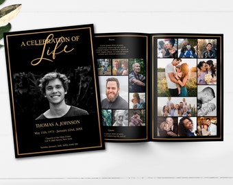 Funeral Program Template |  Editable Black and Gold Obituary Template | Celebration of Life | Obituary Template | Memorial Program | C117