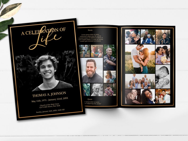 Black and gold funeral program with a large photo on the front and  Celebration of life written in gold with a gold border around it. Inside is a photo collage with a gold border as well.