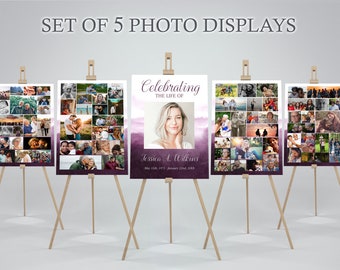 Funeral Collage Purple Watercolor Poster Set of 5 | Memorial Poster for Funeral | Photo Collage Template | Celebration of Life Sign E118