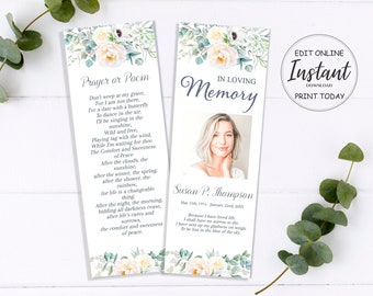 White Floral Funeral Bookmarks | Funeral Keepsake | White Roses Celebration of Life | Funeral Favors | Floral Funeral | E112