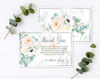 White Roses Thank You Cards | White Floral Funeral Template | Celebration of Life Card |  Memorial Service | E112