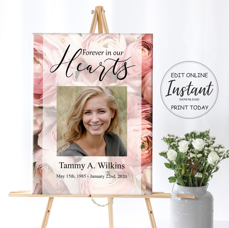Funeral Sign Vintage Pink Rose Funeral Welcome Sign Soft Pink Floral Celebration of Life Sign Memorial Service Welcome Sign | A120