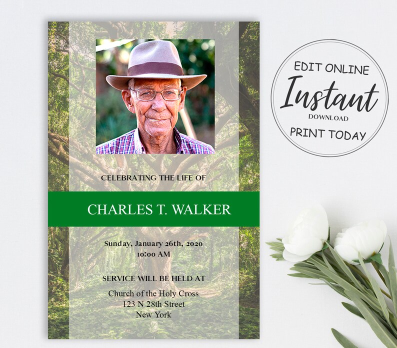 May include: A memorial announcement featuring a photograph of a man wearing glasses and a hat. The text reads "Celebrating the Life of Charles T. Walker." Additional text includes the date, time, and location of the service, along with the words "Edit Online, Instant Download, Print Today."