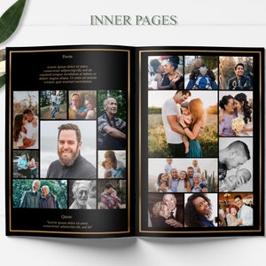 May include: A black and gold photo album with a collage of family photos on the inside pages. The album has a gold border and the text "Inner Pages" at the top.