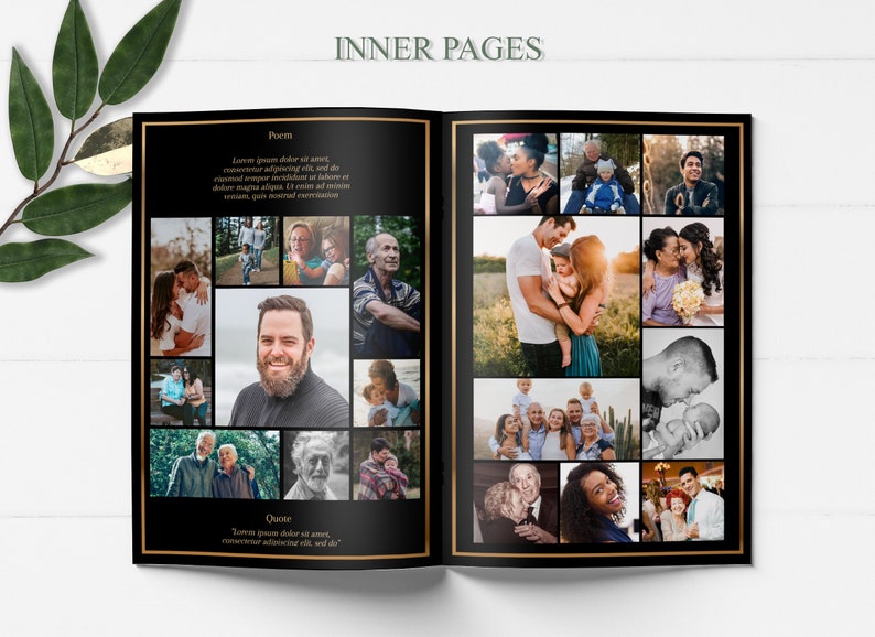 May include: A black and gold photo album with a collage of family photos on the inside pages. The album has a gold border and the text "Inner Pages" at the top.