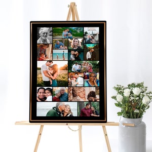 K&ouml;nnte beinhalten: Eine schwarze gerahmte Collage aus Familienfotos. Die Collage zeigt eine Vielzahl von Fotos von Menschen unterschiedlichen Alters und verschiedener Ethnien. Die Fotos sind in einem Raster angeordnet und durch d&uuml;nne schwarze Linien getrennt. Die Collage ist auf einem Holzstaffelei montiert.