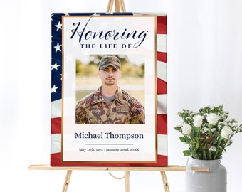 American Flag Funeral Welcome Sign | Military Funeral Poster Photo Sign | Celebration of Life Sign | Veteran Memorial Poster | B180