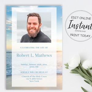 Blue Ocean Funeral Invitation Card | Funeral Announcement | Beach Lake Funeral Template | Funeral Template Memorial Invitation | B103
