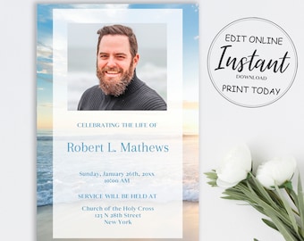Tarjeta de invitación al funeral del Océano Azul / Anuncio del funeral / Plantilla del funeral del lago de la playa / Invitación conmemorativa de la plantilla del funeral / B103