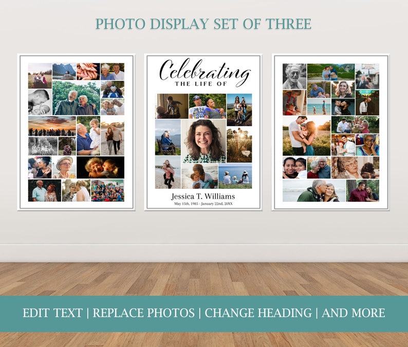 This is a funeral poster, funeral welcome poster, in loving memory poster, or celebration of life poster. It is editable and downloadable. This funeral photo display comes in several sizes. We have other memorial service templates available.