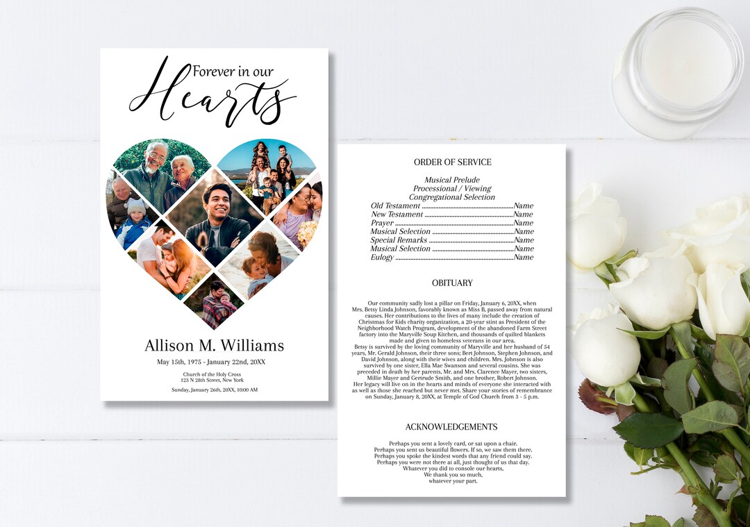 Editable Funeral Program Template Heart Collage | Obituary Template ...