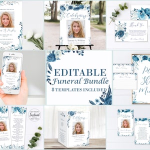 Blue Roses Funeral Bundle | Celebration of Life Templates | Floral Funeral Package | Memorial Service Set | C110