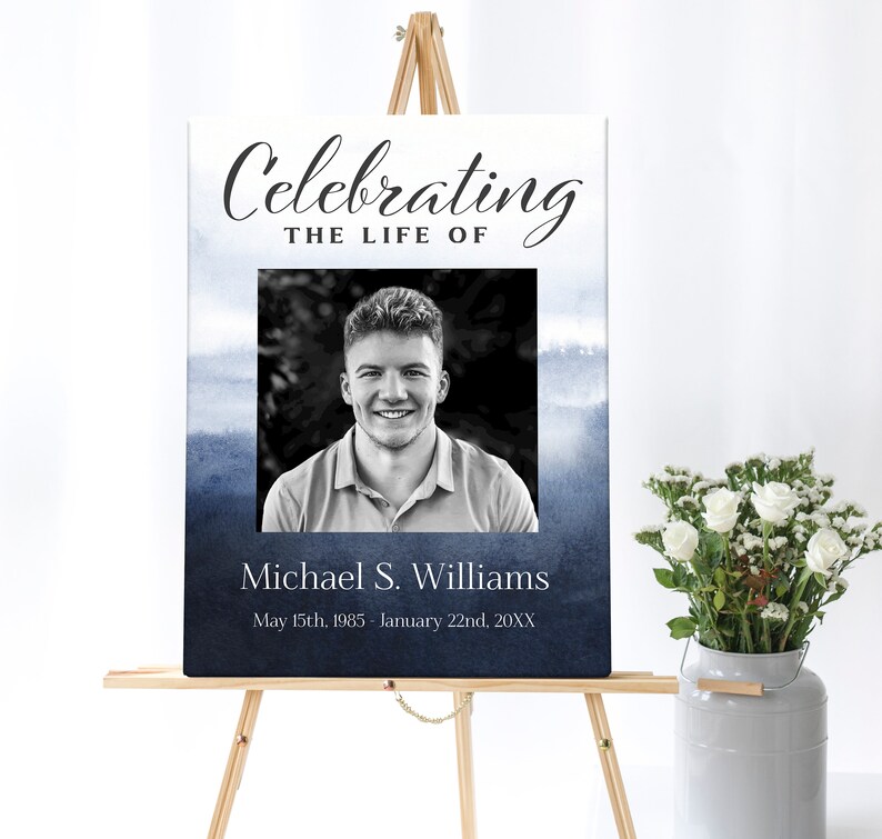 May include: A blue and white watercolor background with a black and white photo of a man. The text "Celebrating the life of" is at the top of the image. The text "Michael S. Williams" is below the photo. The dates "May 15th, 1985 - January 22nd, 20XX" are below the name.