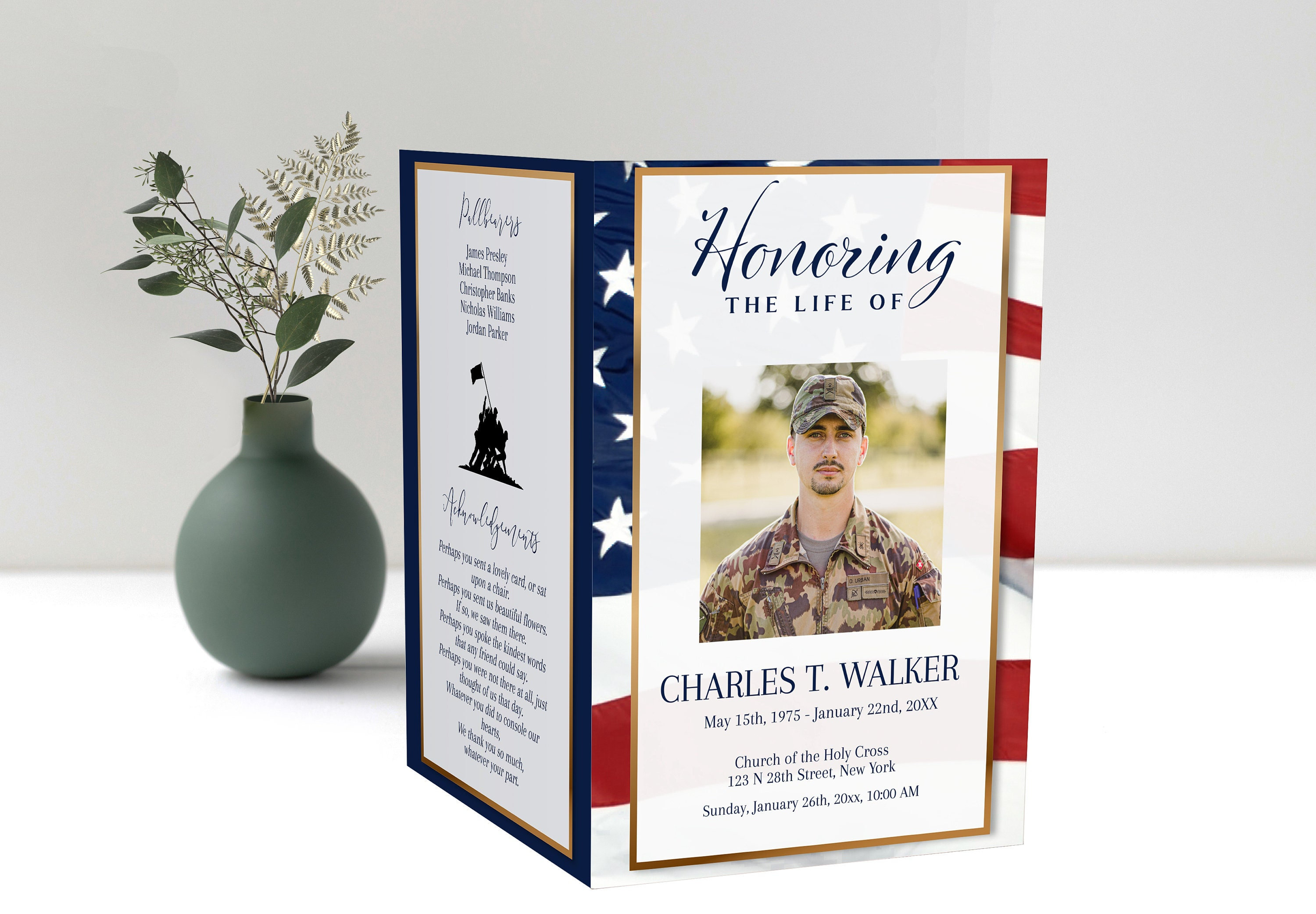 American Flag Funeral Program Template | Editable Military Funeral Program | Obituary Template | American Flag Veteran Memorial Service B180
