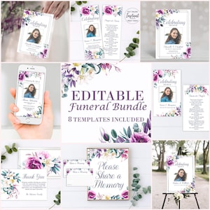Purple Floral Funeral Bundle | Purple Floral Celebration of Life Templates | Lily Floral Funeral Package | Memorial Service Set | B170