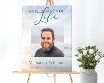Blue Sky Clouds Funeral Poster | Heaven Sky Memorial Poster Photo Sign |  Celebration of Life Sign | Memorial Service Welcome Sign E111