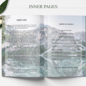 blue mountain lake funeral program template, blue obituary template with photo collage, 8 page funeral program template, editable funeral program template, celebration of life template, order of service, editable obituary template, in loving memory,