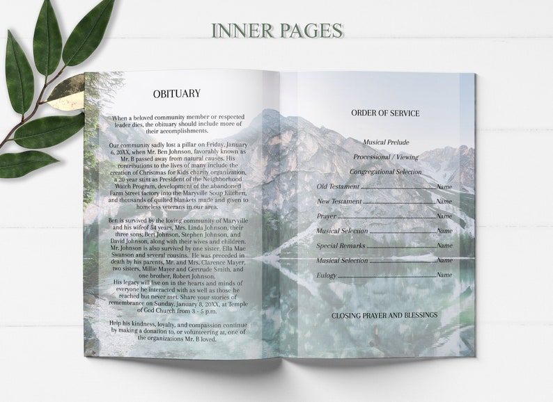 blue mountain lake funeral program template, blue obituary template with photo collage, 8 page funeral program template, editable funeral program template, celebration of life template, order of service, editable obituary template, in loving memory,