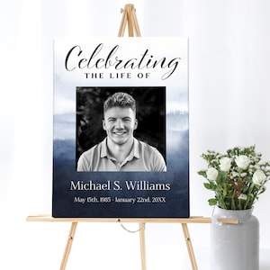 Blue Watercolor  Funeral Poster | Navy Blue Memorial Poster Photo Sign |  Celebration of Life Sign | Memorial Service Welcome Sign E117
