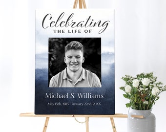 Blue Watercolor  Funeral Poster | Navy Blue Memorial Poster Photo Sign |  Celebration of Life Sign | Memorial Service Welcome Sign E117