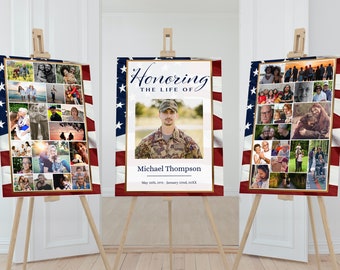 American Flag Photo Collage Funeral Welcome Sign | Military Funeral Poster Photo Sign | Veteran Memorial Poster | B180