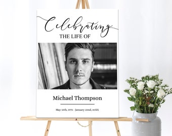 Könnte beinhalten: Schwarzweißes Foto-Gedenkschild mit dem Text "Celebrating the Life of Michael Thompson May 15th, 1975 - January 22nd, 20XX".