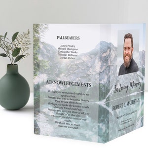 blue mountain lake funeral program template, blue obituary template with photo collage, 8 page funeral program template, editable funeral program template, celebration of life template, order of service, editable obituary template, in loving memory,