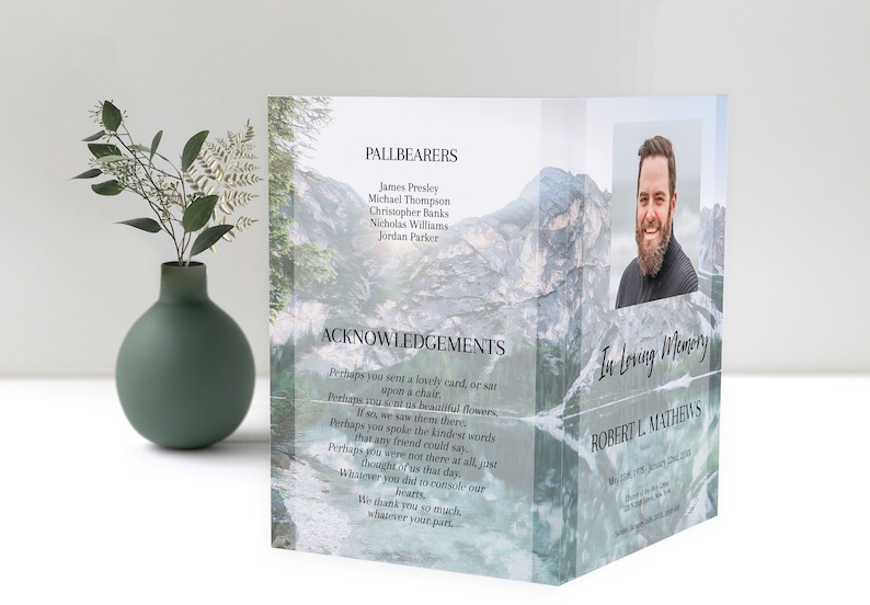 blue mountain lake funeral program template, blue obituary template with photo collage, 8 page funeral program template, editable funeral program template, celebration of life template, order of service, editable obituary template, in loving memory,
