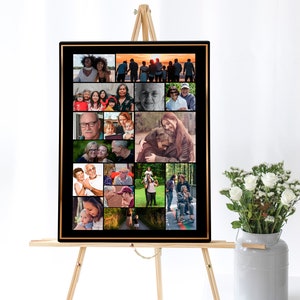 Celebrating the life of the funeral poster with a photo collage of several photos on a black background poster with a golden border. The poster board is sitting atop an easel next to a vase of flowers.