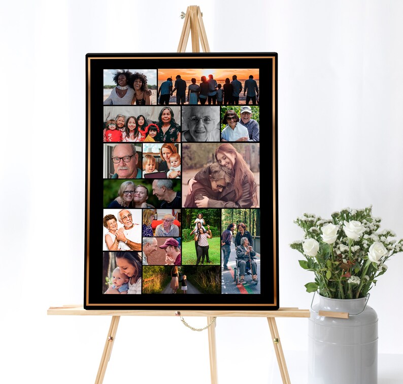 Celebrating the life of the funeral poster with a photo collage of several photos on a black background poster with a golden border. The poster board is sitting atop an easel next to a vase of flowers.