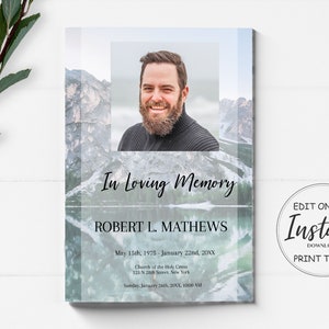 blue mountain lake funeral program template, blue obituary template with photo collage, 8 page funeral program template, editable funeral program template, celebration of life template, order of service, editable obituary template, in loving memory,