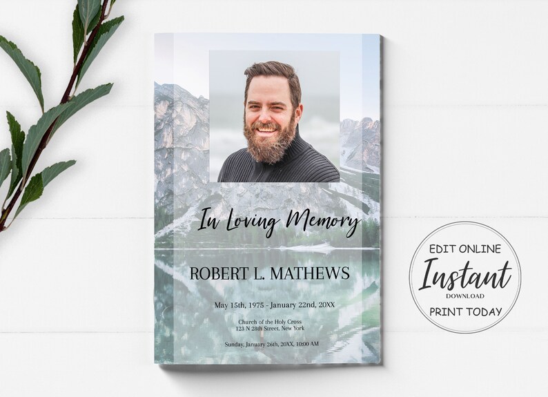 blue mountain lake funeral program template, blue obituary template with photo collage, 8 page funeral program template, editable funeral program template, celebration of life template, order of service, editable obituary template, in loving memory,