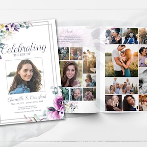 Editable  Funeral Program Template | |Obituary Template | Lily & Purple Floral Funeral Program | Celebration of Life Program | B170