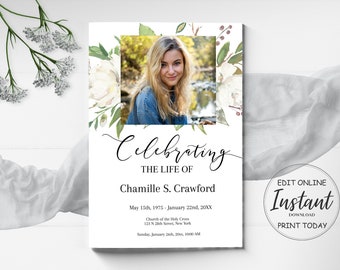 Funeral Program Template for Woman | Obituary Template | White Roses Celebration of Life Memorial Program | A107