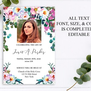 May include: A printable funeral announcement template with a watercolor floral design in shades of pink, blue, and green. The template includes a photo placeholder, space for the deceased's name, date and time of service, and location details. The text "Celebrating the Life of Janet A. Parker" is included in the template. All text is editable.