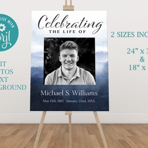 May include: A printable memorial poster with a blue watercolor background. The poster features a black and white photo of a man, the text "Celebrating the Life of", the name "Michael S. Williams", and the dates "May 15th, 1985 - January 22nd, 20XX". The poster is available in two sizes: 24" x 36" and 18" x 24".