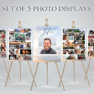 Funeral Collage Set of 5 | Memorial Poster for Funeral | Photo Display Template | Blue Sky Beach Celebration of Life Sign E111