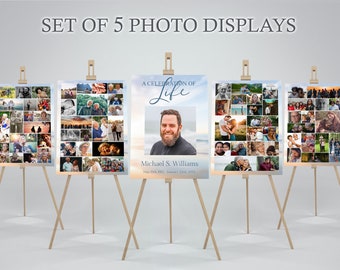 Funeral Collage Set of 5 | Memorial Poster for Funeral | Photo Display Template | Blue Sky Beach Celebration of Life Sign E111
