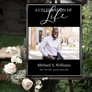 Op de afbeelding: Een zwart-wit gedenkteken met een zilveren rand. Het bord heeft de tekst "A Celebration of Life" in een zilveren handschrift. Een foto van een man is in het midden van het bord. De tekst onder de foto luidt "Michael S. Williams" en "May 15th, 1985 - January 22nd, 20XX".